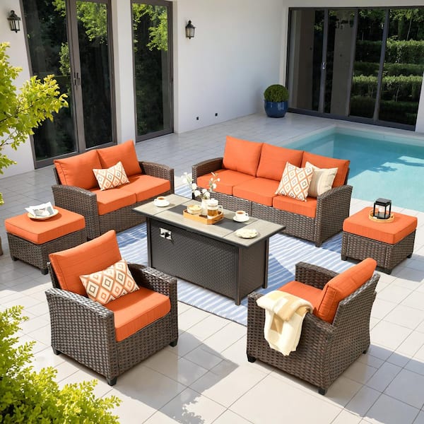Caodoc Serena Grey 7-Piece Modern Outdoor Wicker Patio Furniture Conversation Set with Metal Fire Pit and Orange Red Cushions