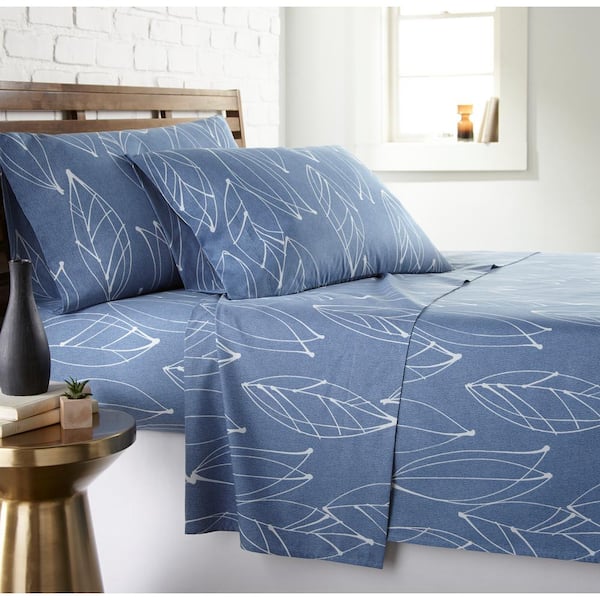 Southshore Fine Linens Modern Foliage 4-Piece White Leaf On Blue Double Brushed Microfiber Full Sheet Set