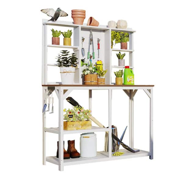 Unbranded 64.6 in. H Outdoor Potting Bench Table with 6-Tier Shelves, Large Tabletop and Side Hook White