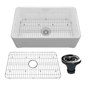 Fireclay 30 in. Single Bowl Frame Design Reversible Installation Farmhouse Apron Kitchen Sink with Grid and Strainer