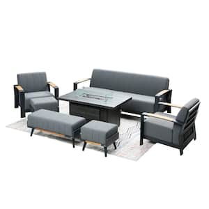 Bruce 7-Piece Aluminum Patio Fire Pit Seating Set with Acrylic Dark Gray Cushions and Ottomans