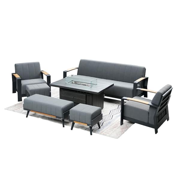 DIRECT WICKER Bruce 7-Piece Aluminum Patio Fire Pit Seating Set with Acrylic Dark Gray Cushions and Ottomans
