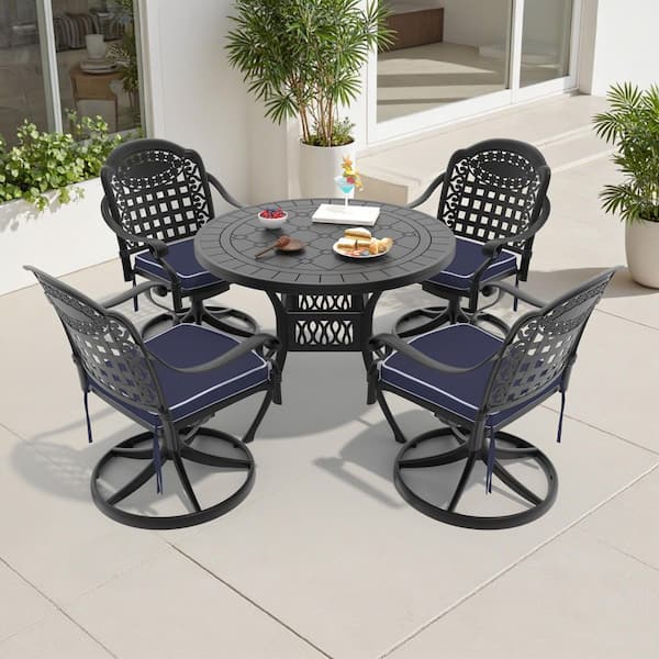 Vintage 5-Piece Cast Aluminum Patio Outdoor Dining Set with Round Dining Table, 4 Swivel Chairs and 4 Blue Cushions