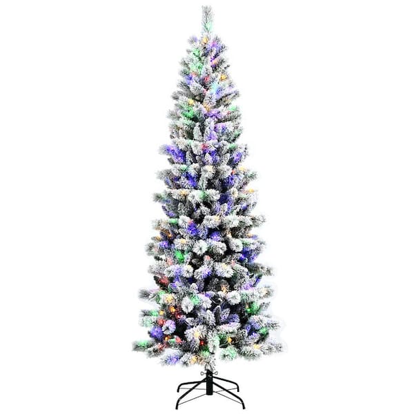 Costway 7.5 ft. Pre-Lit Artificial Christmas Tree, Snow Flocked Xmas Hinged Tree