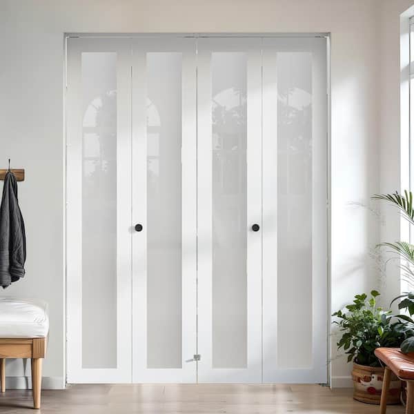 60 in. x 78 in. (Double 30 in. ) 1-Lite Frosted Glass Solid Core White MDF Closet Bi-fold Door with Hardware Kit