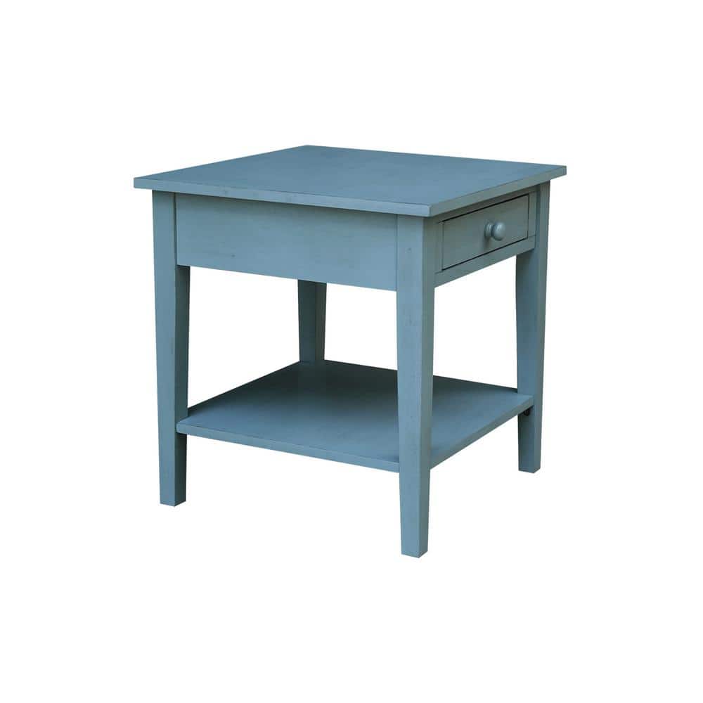 Antique Rubbed Ocean Blue Solid Wood End Table with Storage