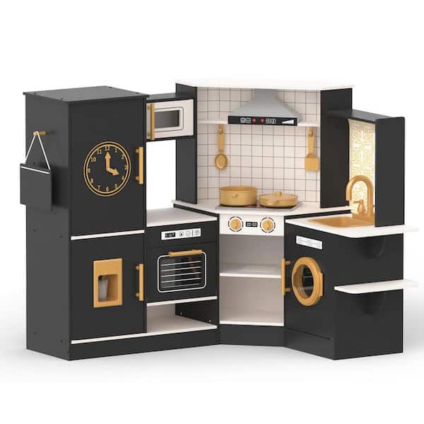 Corner Kids Wooden Kitchen Playsets Play Kitchen, Space-Saving Pretend Playset for Toddlers 3+ with Lights & Sounds