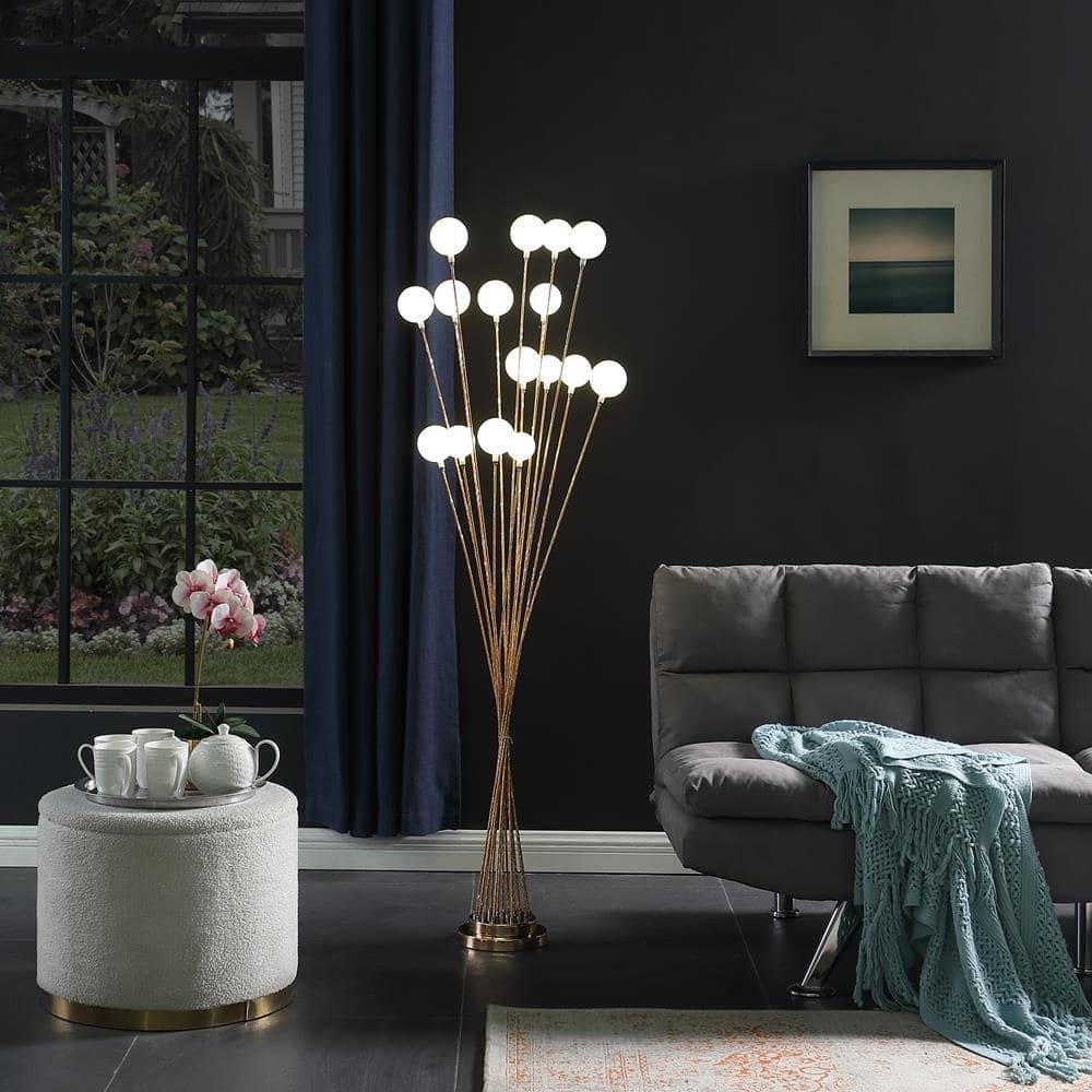 Aurora Geometric 61.5" Gold Metal LED Tree Floor Lamp with White Orbs