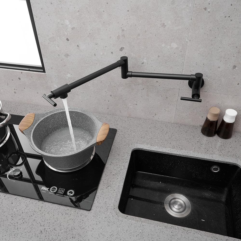 Matte Black Brass Wall-Mounted Pot Filler Faucet with Dual Joint Swing Arm