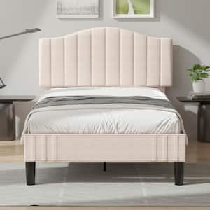 Upholstered Bed Frame with Sheepskin Fabric Adjustable Headboard Twin Size Platform Bed, Beige