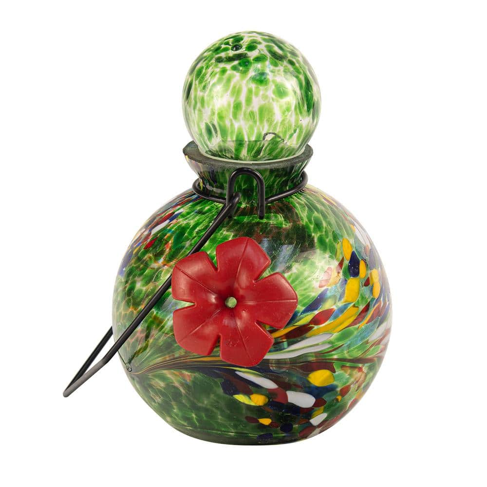 Green Hand-Blown Glass Hanging Hummingbird Feeder with Solar LED