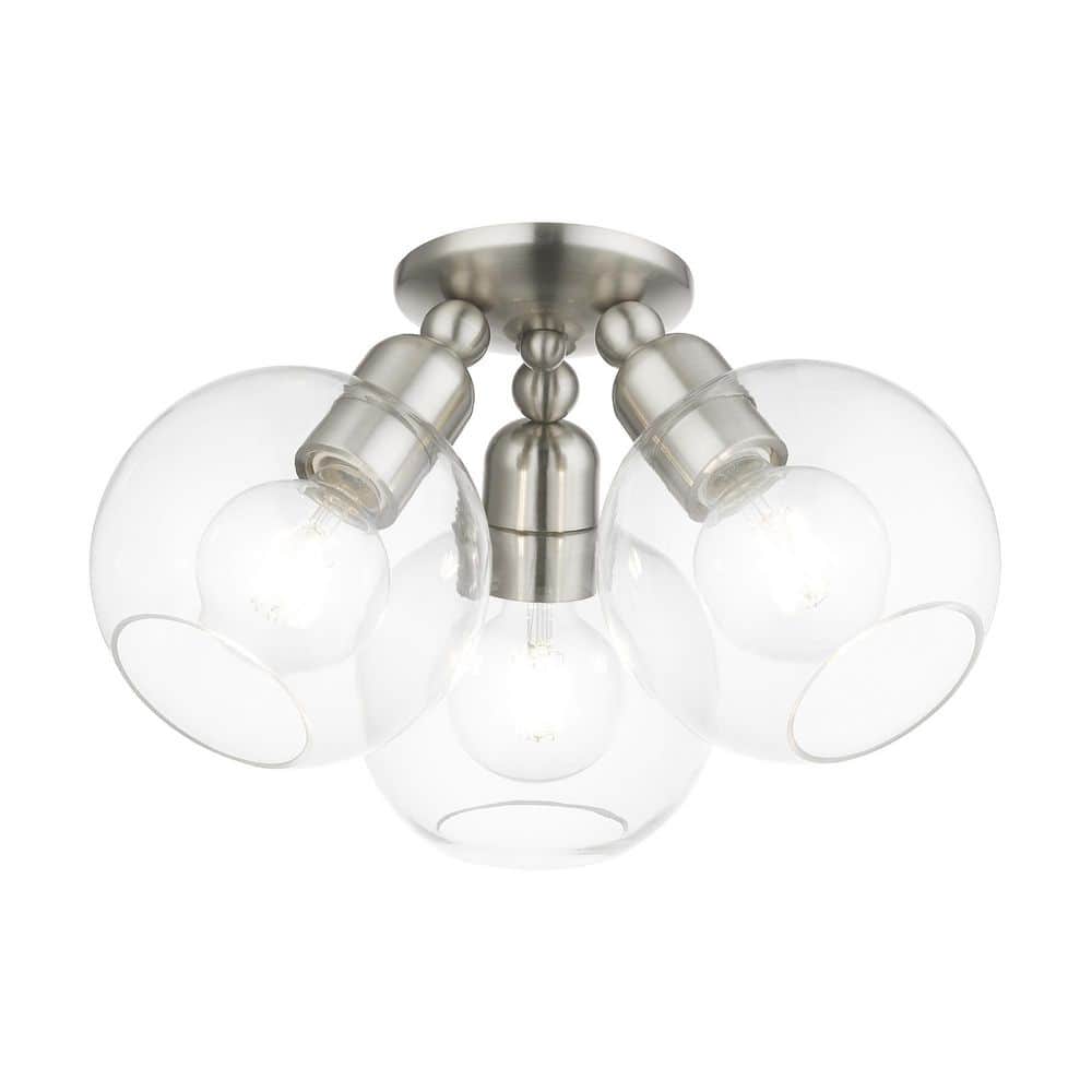 Brushed Nickel 3-Light Semi-Flush Mount with Clear Glass Shades