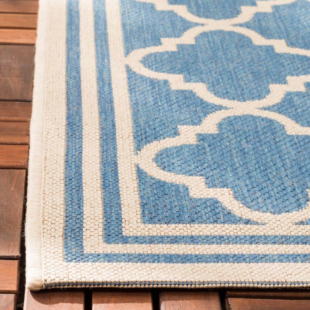 Cream and Blue Geometric Easy-Care Outdoor Area Rug, 5'3" x 7'6"