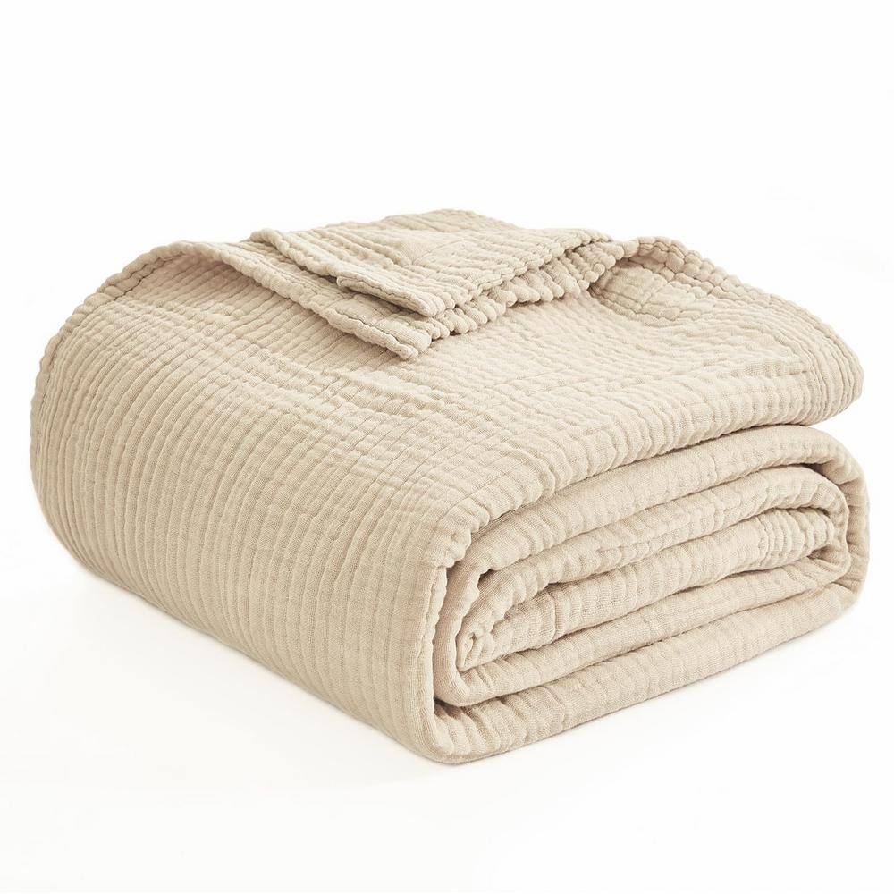 80 in. x 90 in. Light Tan Cotton Queen Blanket, Soft Muslin Boho Bed Blanke
