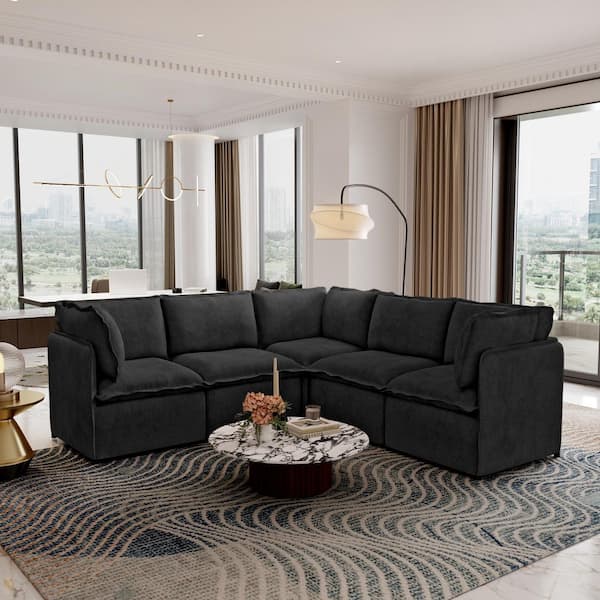 95.7 in. Straight Arm 5-Piece Faux Linen Polyester Modular Sectional Sofa, Foldable Folding Iron Frame Couch in Black