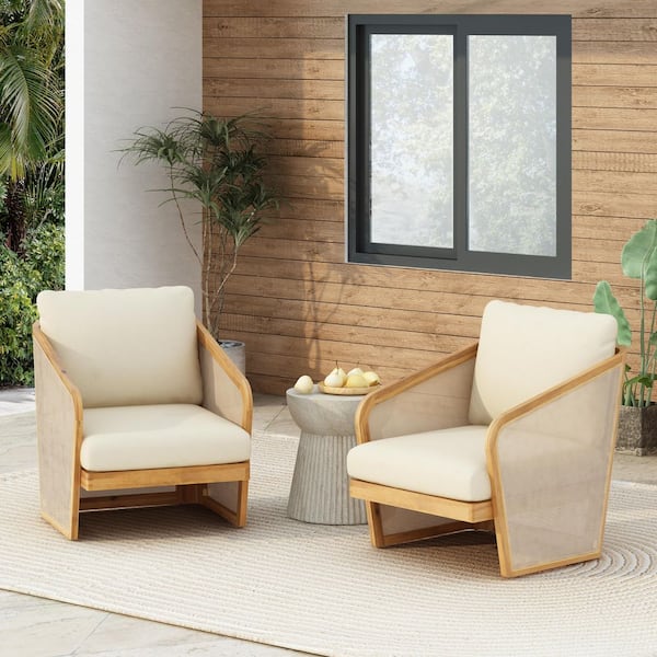 CHRISTOPHER KNIGHT HOME Bendgn Teak Finish Acacia Wood Patio Outdoor Lounge Chair with Beige Cushions, Set of 2