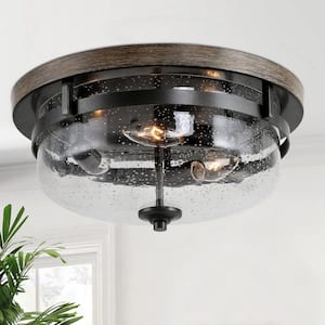 13.5 in. 3-Light Rough Black/Dark Gray Drum Semi-Flush Mount with Faux Wood Textured Plate & Clear Seeded Glass Shade