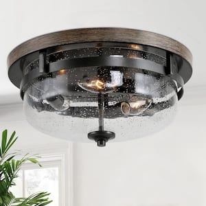 13.5 in. 3-Light Rustic Black Flush Mount Light with Bronze Faux Wood Finish and Seeded Glass Shade