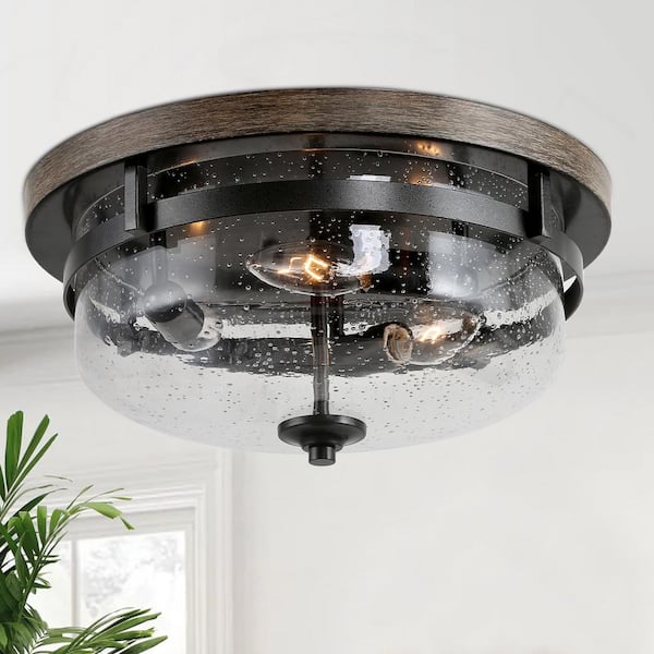 LNC 13.5 in. 3-Light Rough Black/Dark Gray Drum Semi-Flush Mount with Faux Wood Textured Plate & Clear Seeded Glass Shade