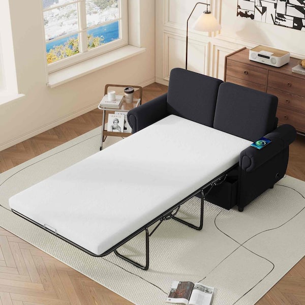 57.9 in. Square Arm Linen Square with Twin Size Memory Mattress and Two USB Ports Sofa in Black