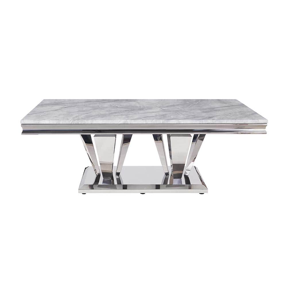 Elegant 54'' Light Grey Marble & Mirrored Silver Coffee Table