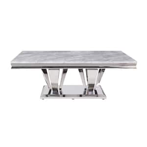 Satinka 51 in. Light Gray Printed Faux Marble and Mirrored Silver Rectangle Marble Coffee Table