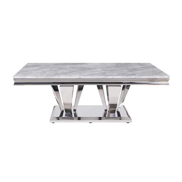 Acme Furniture Satinka 51 in. Light Gray Printed and Mirrored Silver Rectangle Faux Marble Coffee Table with Stainless Steel Frame