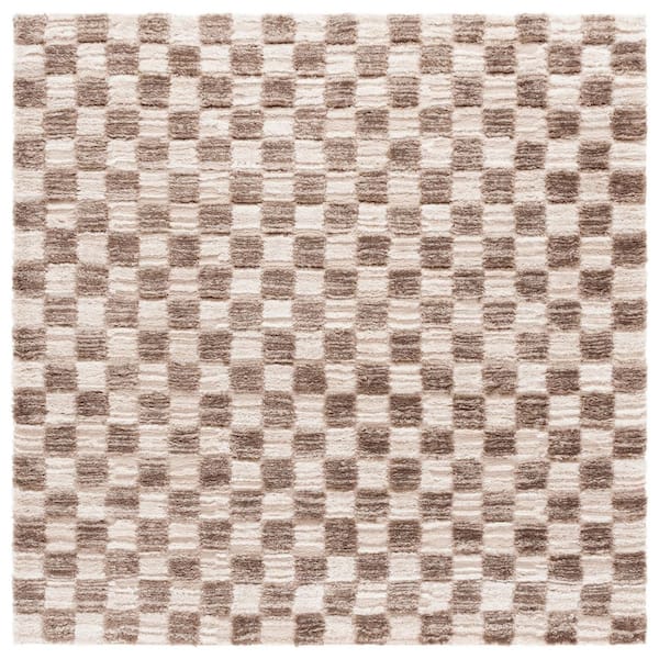 SAFAVIEH Seattle Shag 7 ft. x 7 ft. Ivory/Brown Checkered square Area Rug