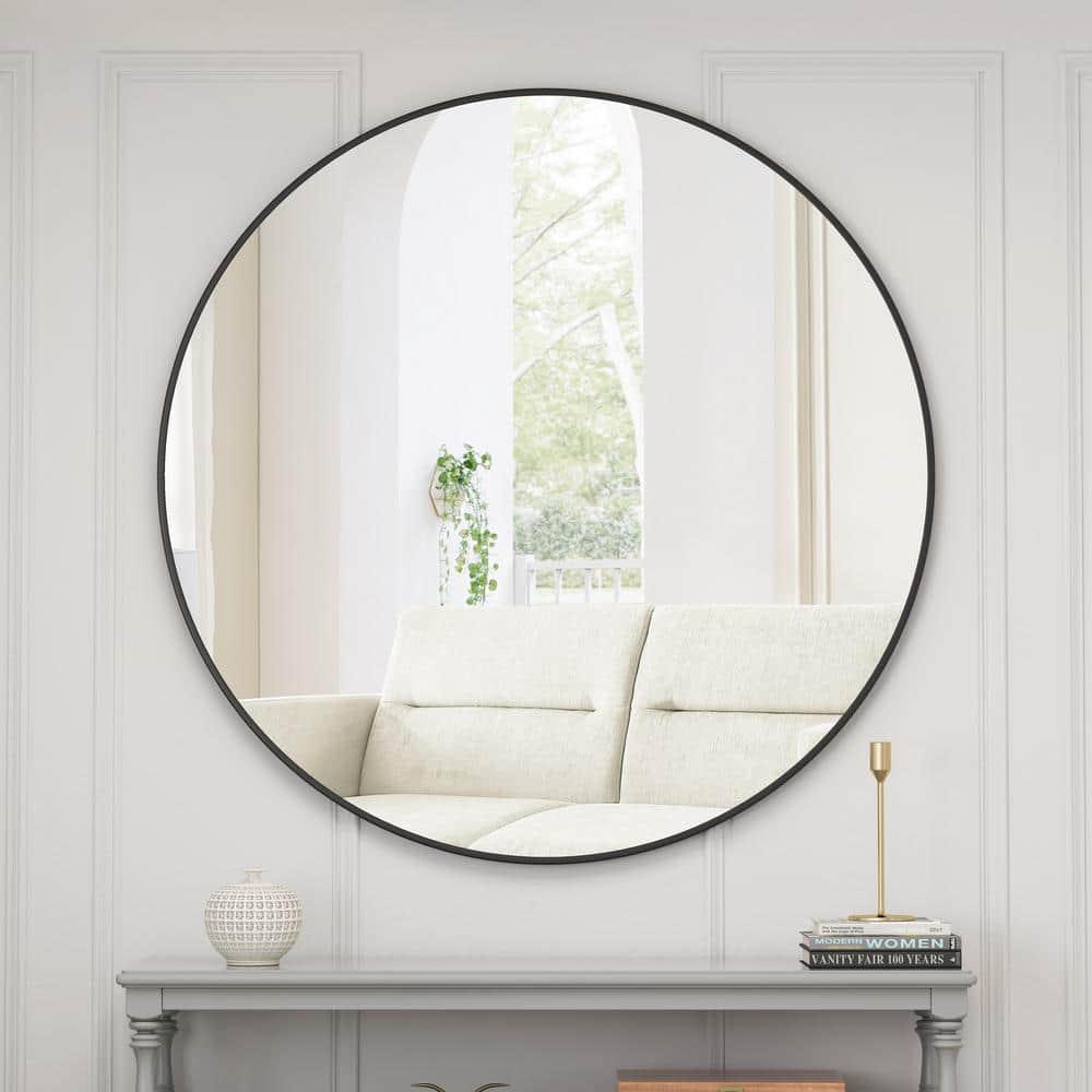 42 in. W x 42 in. H Round Framed Wall Bathroom Vanity Mirror in Black