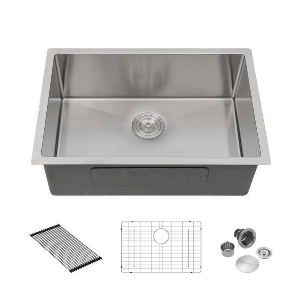 EPOWP 27 in. Undermount Single Bowl 16-Gauge Workstation Brushed Nickel ...