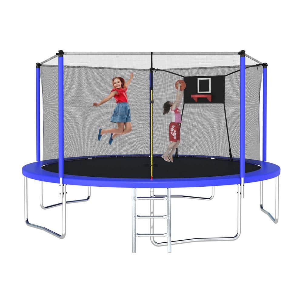 14 ft Blue Round Outdoor Trampoline with Enclosure Net and Ladder