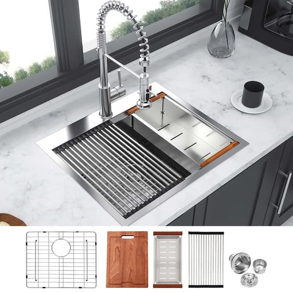 Lindra 25 in. L x 22 in. W Drop in/Undermount Single Bowl Stainless Steel Kitchen Sink with Cutting Board and Strainer