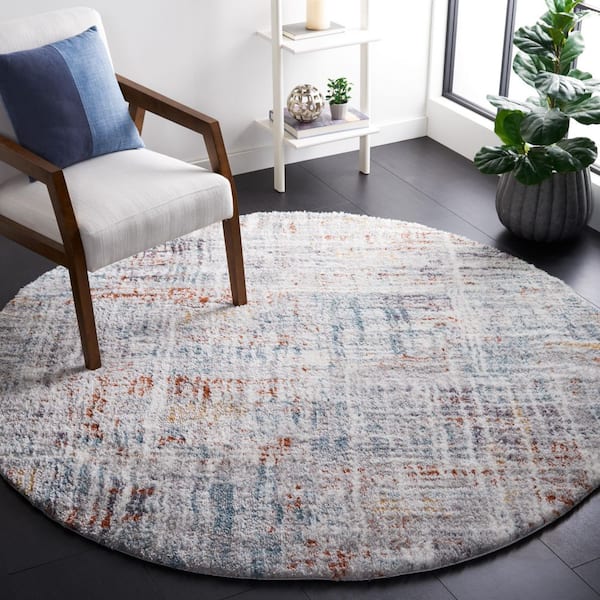 Berber Shag 4 ft. x 4 ft. Blue Rust/Ivory Abstract Striped Round Area Rug