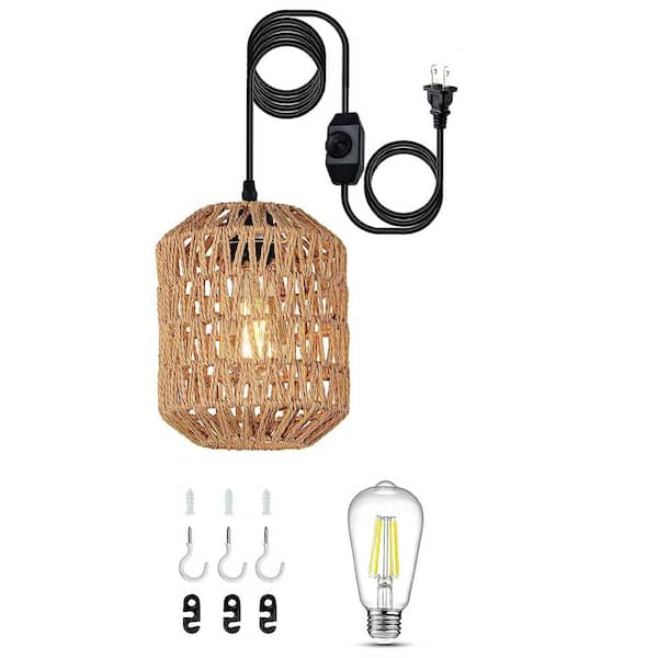 Tatahance 1 Light Brown Rattan Plug In Pendant Light with Hand Woven Rope Shade and LED Bulb Included