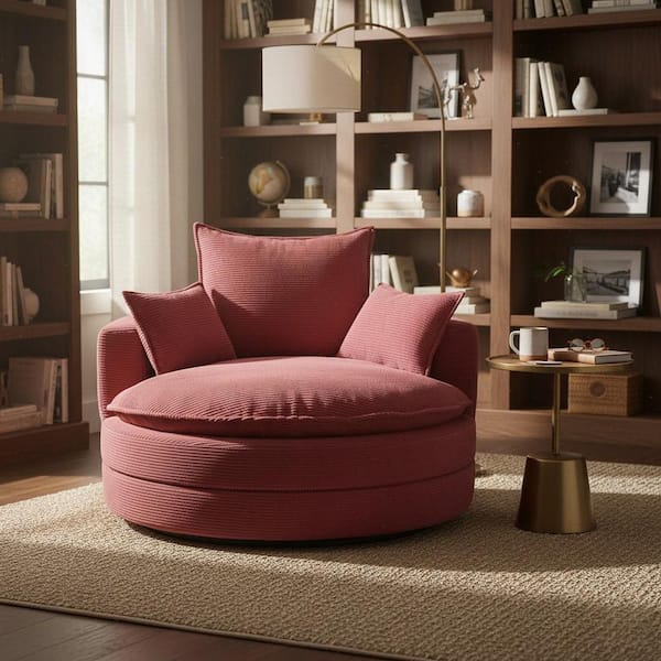 WWBQBR 57.5 in. Oversized Round Swivel Corduroy Lounge Sofa with Pillows in Clay Red