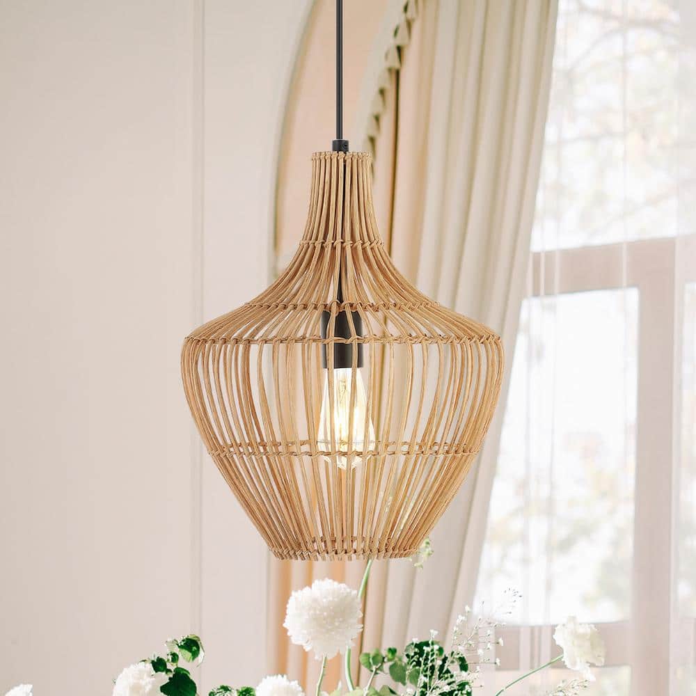 Lucas 13" Satin Brown Rattan LED Pendant with Adjustable Cord