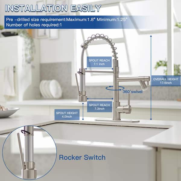 Single Handle Pull-Down Sprayer Kitchen Faucet With LED Light & Deck Plate in Brushed Nickel