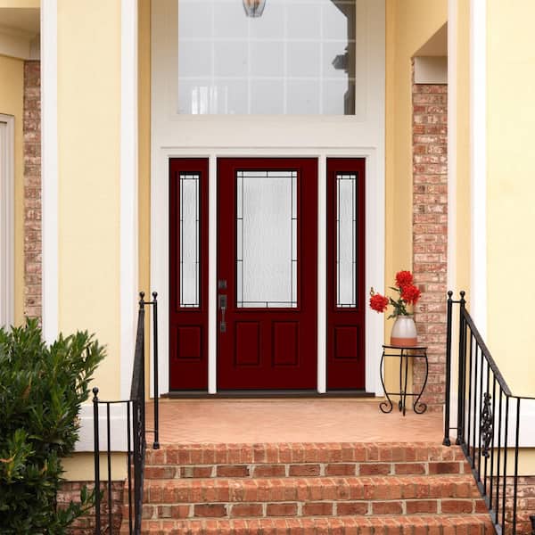 60 in. x 80 in. Right-Hand 3/4 Lite Wendover Decorative Glass Mesa Red Steel Prehung Front Door with Sidelites