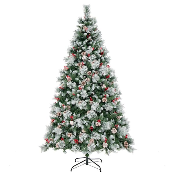 Costway 6 ft. Pre-Lit Hinged Artificial Christmas Tree with Pine Cones Red Berries and Ornaments