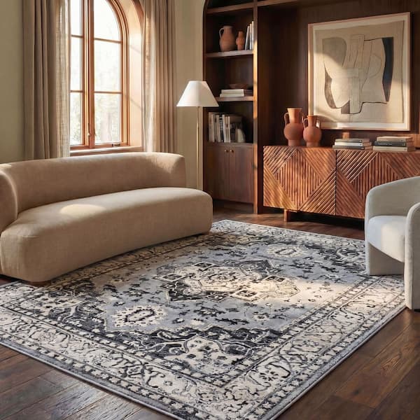 Brentwood 10 ft. x 13 ft. Gray/Black Distressed Medallion Area Rug