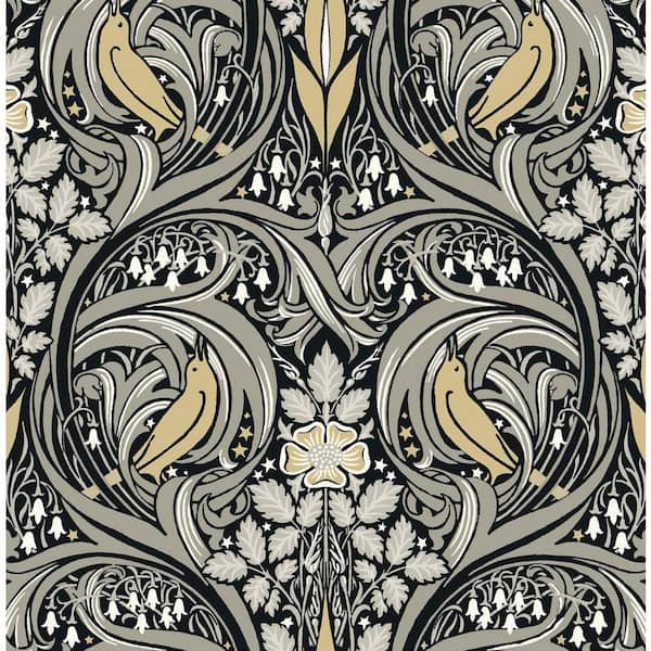 NextWall 30.75 sq. ft. Ebony and Sepia Bird Ogee Vinyl Peel and Stick Wallpaper Roll