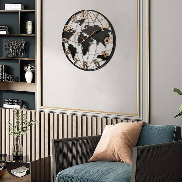 36 in. Large Black Modern Metal Wall Clock Silent World Map Wall