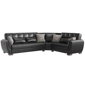 Basics Air Collection 3-Piece 108.7 in. Faux Leather Convertible Sofa Bed Sectional 6-Seater With Storage, Black