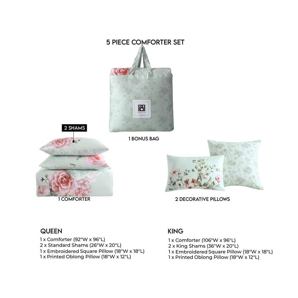 Queen Misty Green Cotton Reversible Floral Comforter Set