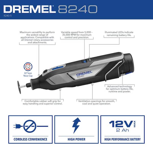 Dremel 12V Li-Ion 2-Amp Variable Speed Cordless Rotary Tool Kit with 2Ah  Battery, 1 Charger, 5 Accessories and Storage Bag 8240-5 - The Home Depot