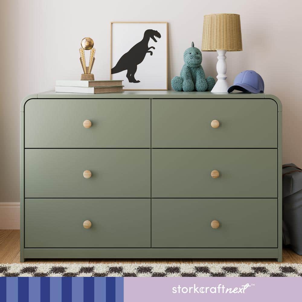Olive Green 6-Drawer Nursery Dresser with Natural Rubberwood Knobs
