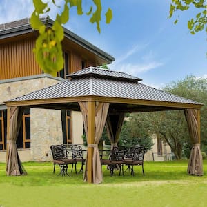 10 ft. x 12 ft. Yellow Brown Outdoor Aluminum Gazebo with Galvanized Steel Double Canopy and Curtains and Netting