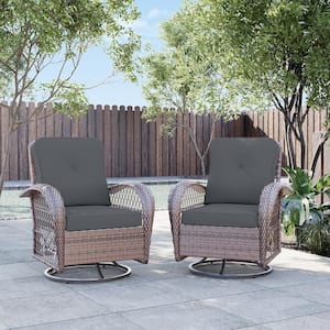 Brown Wicker Patio Outdoor Rocking Chair with Gray Cushion (Set of 2)