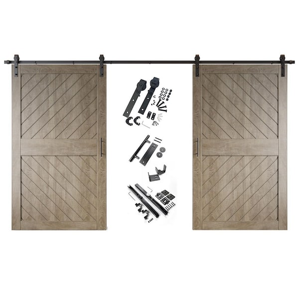 HOMACER XT3 42 in. x 84 in. C-Panel Classic Gray Slanted Stripe Design Double Pine Wood Sliding Barn Door with Hardware Kit