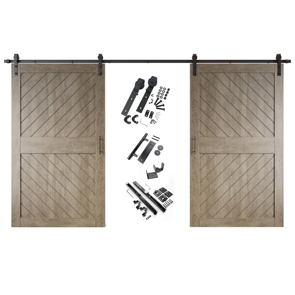 XT3 48 in. x 84 in. C-Panel Classic Gray Slanted Stripe Design Double Pine Wood Sliding Barn Door with Hardware Kit price history on PriceWatchPro